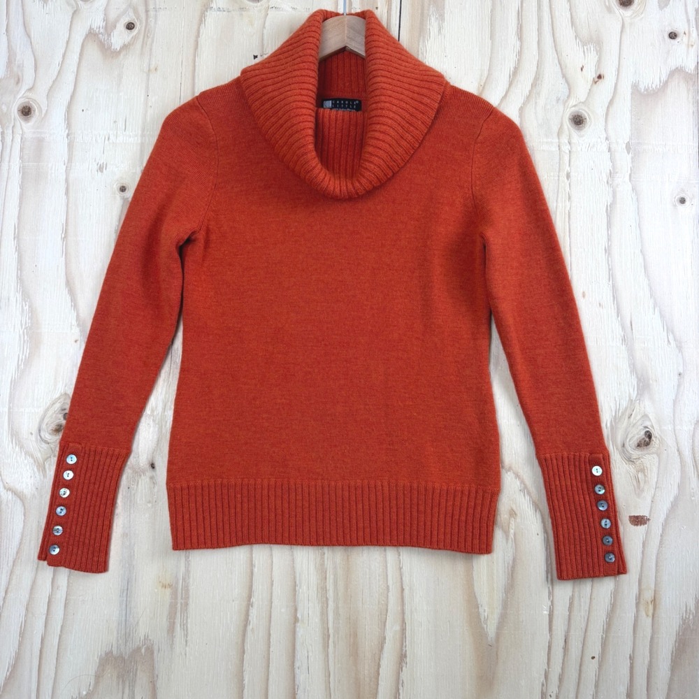 Carole Little Sweater Women's Medium Orange 100% Merino Wool Cowl Neck Buttons